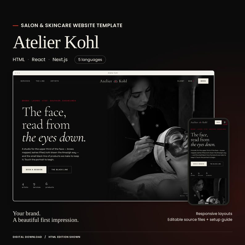 Atelier Kohl website template with a large actual homepage preview and mobile layout. HTML, React and Next.js code editions and five languages included. HTML edition shown.
