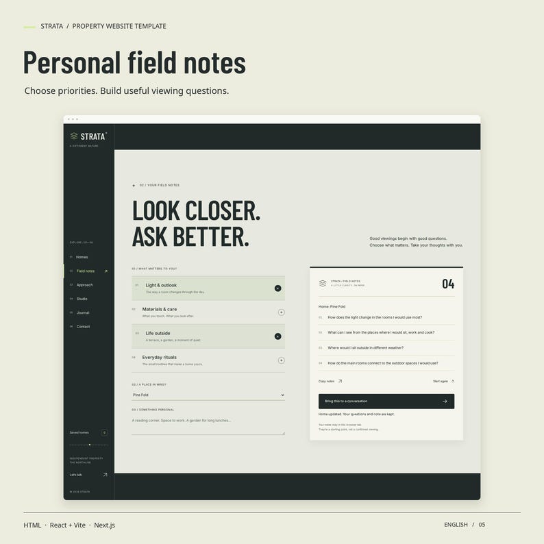 STRATA signature feature in use: personal field notes. Choose priorities. Build useful viewing questions.