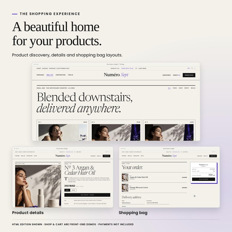 Numero Sept: actual responsive HTML layouts for desktop, tablet and mobile.