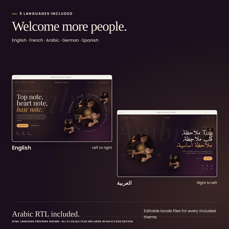 Maison Ambre: English and Arabic HTML previews, with right-to-left Arabic layout. French, German and Spanish locale files are also included.