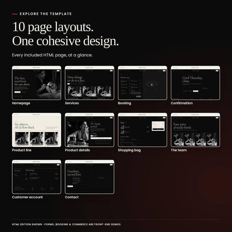 Atelier Kohl: an overview of included HTML page layouts. Screens include the homepage, service menu, shop, customer account and contact page. Front-end demonstration screens.
