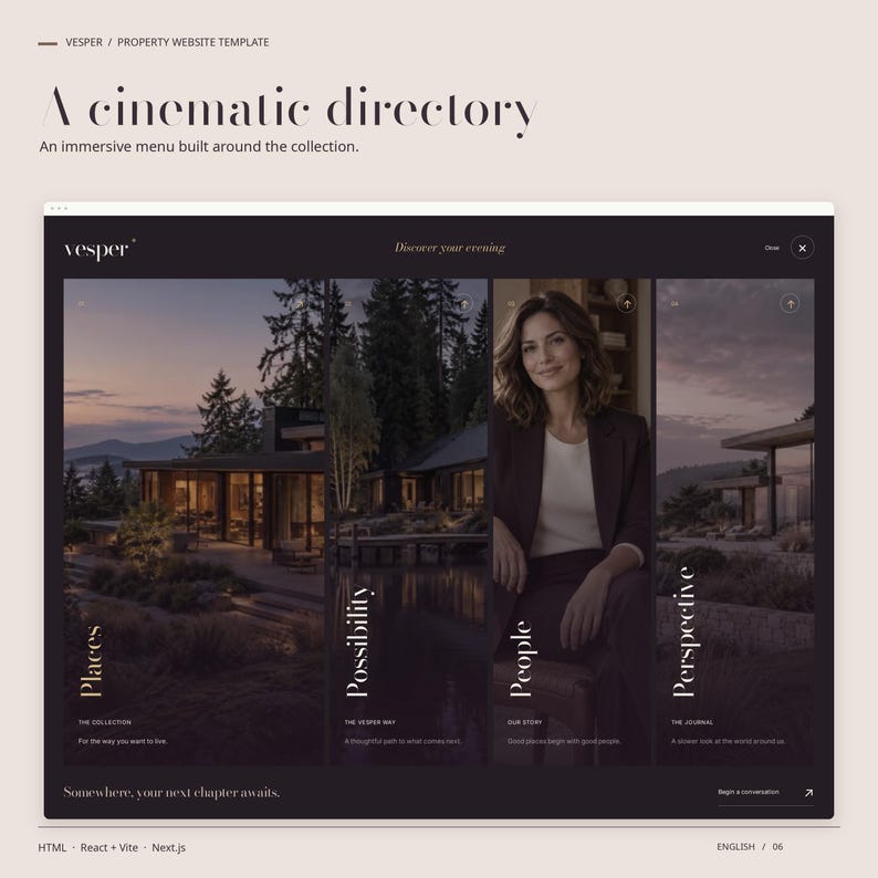 VESPER HTML navigation view: a cinematic directory. An immersive menu built around the collection.