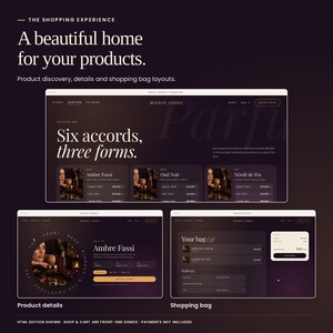 Maison Ambre: shop, product details and shopping bag interface previews. Shopping screens are front-end demonstrations; payment processing is not included.