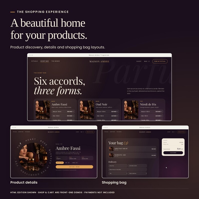 Maison Ambre: shop, product details and shopping bag interface previews. Shopping screens are front-end demonstrations; payment processing is not included.