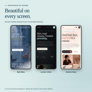 Coastal Clinical Collection: actual mobile HTML layouts from Bain Bleu, Lumen Clinic, Maison Noor.
