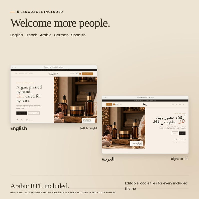 Rabia Storefront shown in English and Arabic with right-to-left layout. Each theme in Rabia Business Suite includes English, French, Arabic, German and Spanish locale files.