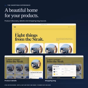 Sel Tangier: shop, product details and shopping bag interface previews. Shopping screens are front-end demonstrations; payment processing is not included.