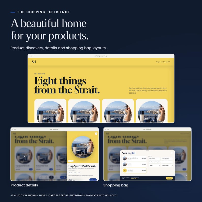 Sel Tangier: shop, product details and shopping bag interface previews. Shopping screens are front-end demonstrations; payment processing is not included.