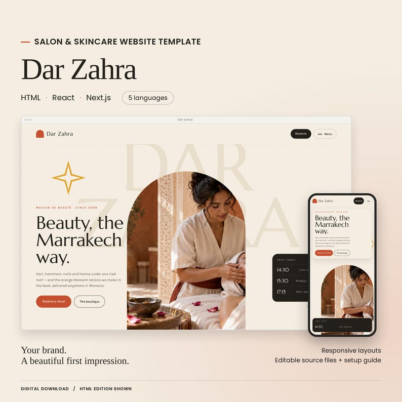 Dar Zahra website template with a large actual homepage preview and mobile layout. HTML, React and Next.js code editions and five languages included. HTML edition shown.