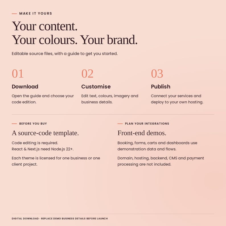 Maison Noor: download, customise text, colours and imagery, then deploy to your own hosting. Code editing required; React and Next.js need Node.js 22+. Booking, forms, carts and dashboards are front-end demos. Hosting, backend, CMS and payment processing are not included.