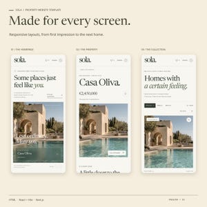 Three mobile views of the SOLA HTML theme: homepage, a property page and the property collection.