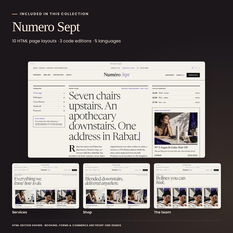 Numero Sept, included in Noir Editorial Collection: actual HTML homepage, treatment menu, shop and team previews. Three code editions and five languages included. Booking and commerce are front-end demonstrations.
