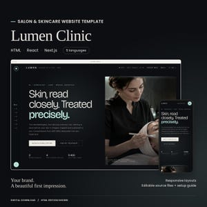 Op de afbeelding: Een website-sjabloon voor een salon en huidkliniek genaamd Lumen Clinic, met een donkere interface en witte tekst, inclusief de koptekst Skin, read closely. Treated precisely. Het ontwerp bevat responsieve lay-outs voor desktop en mobiel.