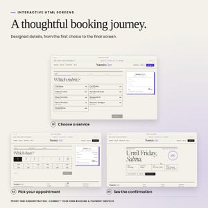 Numero Sept: real booking interface states, from choosing a service to the confirmation screen. Front-end demonstrations; no booking backend or payment processing included.