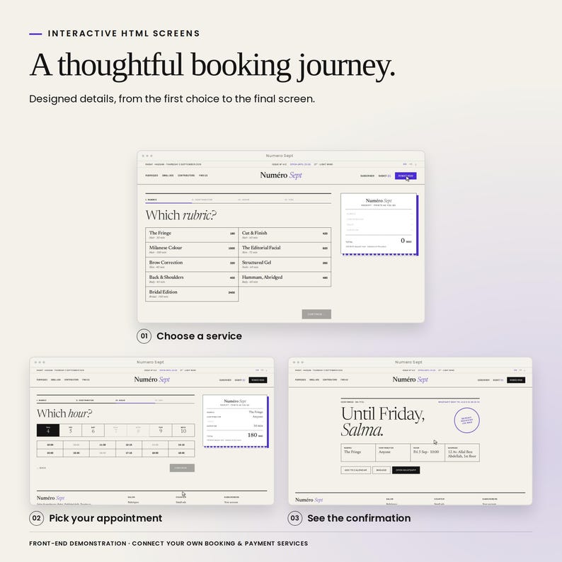 Numero Sept: real booking interface states, from choosing a service to the confirmation screen. Front-end demonstrations; no booking backend or payment processing included.