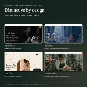 Complete Skincare Theme Collection: actual HTML homepage previews for Atelier Kohl, Bain Bleu, Dar Zahra, Jardin d'Hiver. Each theme is a separate editable project with HTML, React and Next.js source editions.