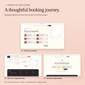 Maison Noor: real booking interface states, from choosing a service to the confirmation screen. Front-end demonstrations; no booking backend or payment processing included.