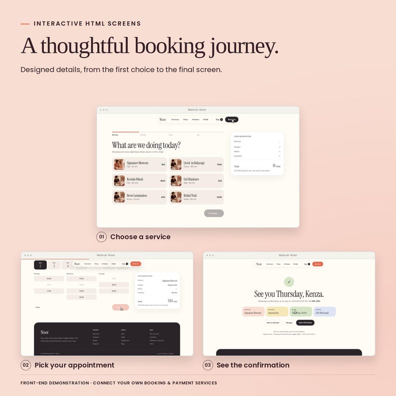 Maison Noor: real booking interface states, from choosing a service to the confirmation screen. Front-end demonstrations; no booking backend or payment processing included.