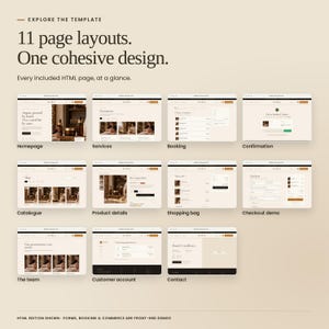 Rabia Storefront: eleven HTML page layouts, including homepage, services, booking, confirmation, catalogue, product details, shopping bag, checkout demo, team, customer account and contact.