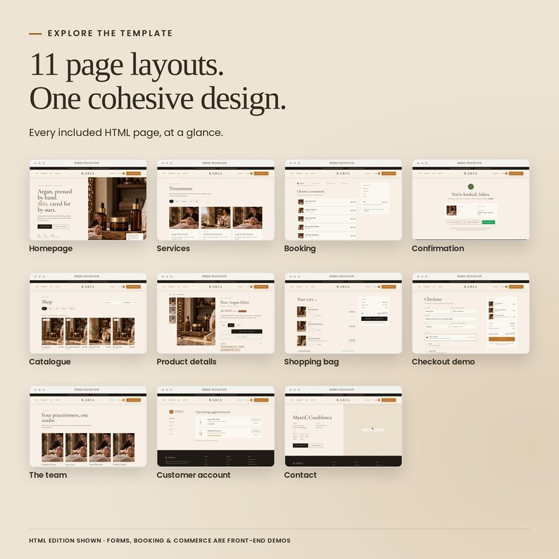 Rabia Storefront: eleven HTML page layouts, including homepage, services, booking, confirmation, catalogue, product details, shopping bag, checkout demo, team, customer account and contact.
