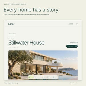 A dedicated LUMA HTML property page showing the property image, title, guide price and enquiry button.