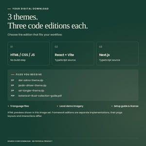 Botanical Ritual Collection digital download: 3 themes, each with HTML/CSS/JavaScript, React with Vite and TypeScript, and Next.js with TypeScript. Includes source files, five languages, local demo imagery, setup guide and license. Framework editions are separate implementations.