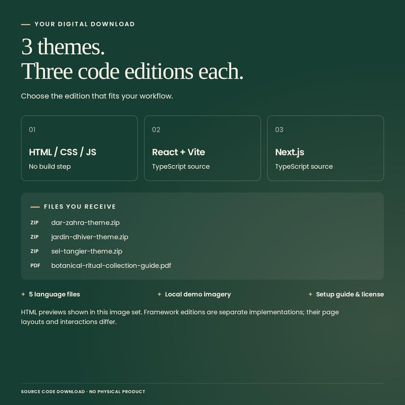 Botanical Ritual Collection digital download: 3 themes, each with HTML/CSS/JavaScript, React with Vite and TypeScript, and Next.js with TypeScript. Includes source files, five languages, local demo imagery, setup guide and license. Framework editions are separate implementations.