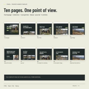 All ten STRATA HTML pages: homepage, collection, three property pages, about, journal and three articles.