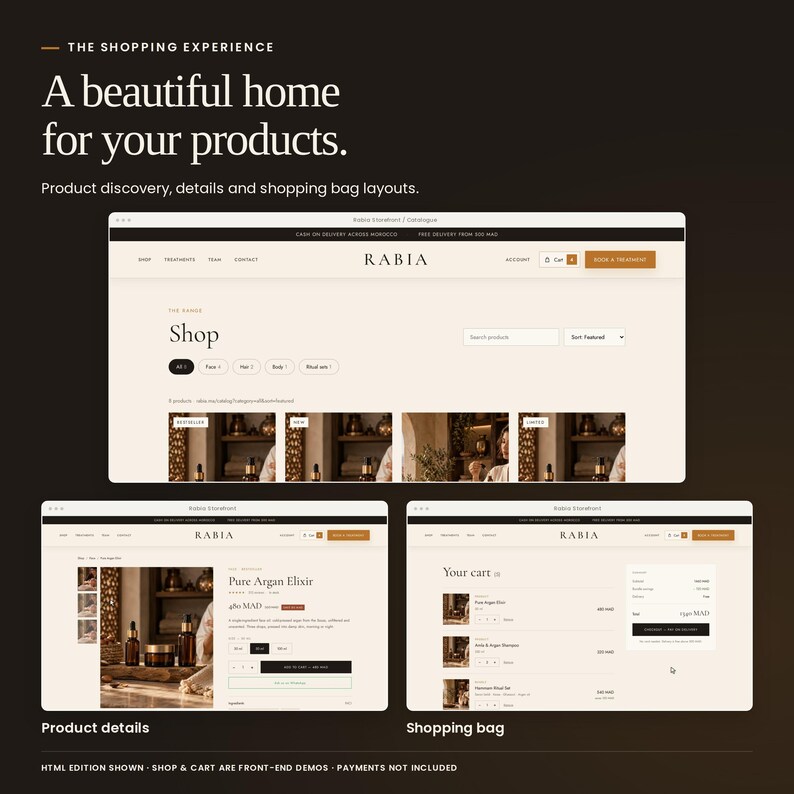 Rabia Storefront: shop, product details and shopping bag interface previews. Shopping screens are front-end demonstrations; payment processing is not included.