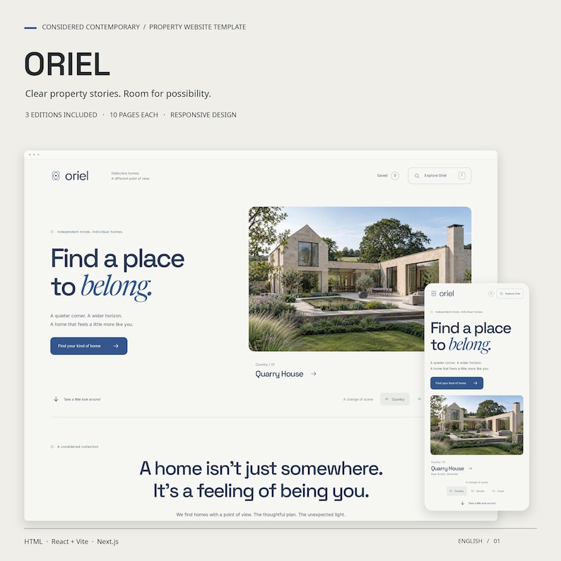 ORIEL property website template in its considered contemporary style, with actual desktop and mobile HTML homepage views.