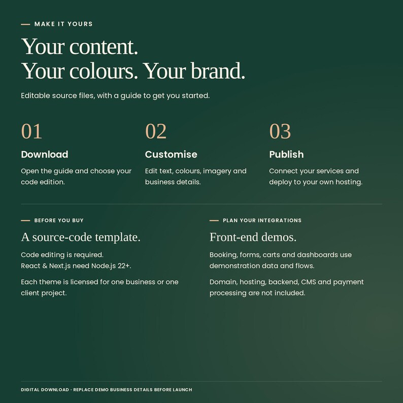 Botanical Ritual Collection: download, customise text, colours and imagery, then deploy to your own hosting. Code editing required; React and Next.js need Node.js 22+. Booking, forms, carts and dashboards are front-end demos. Hosting, backend, CMS and payment processing are not included.