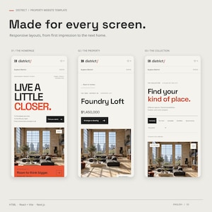 Three mobile views of the DISTRICT HTML theme: homepage, a property page and the property collection.