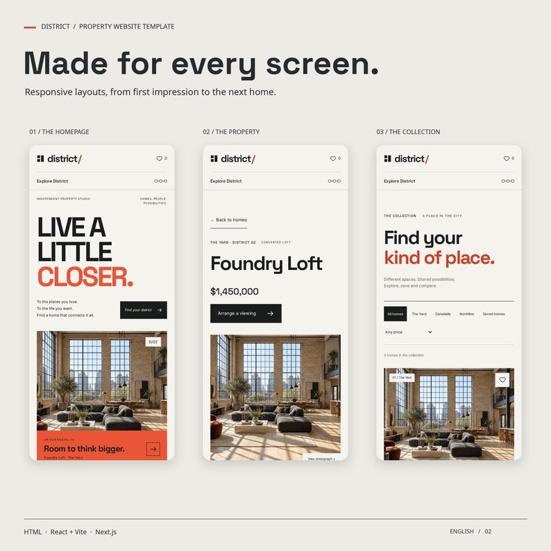 Three mobile views of the DISTRICT HTML theme: homepage, a property page and the property collection.