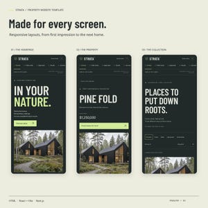Three mobile views of the STRATA HTML theme: homepage, a property page and the property collection.