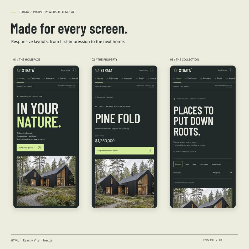Three mobile views of the STRATA HTML theme: homepage, a property page and the property collection.