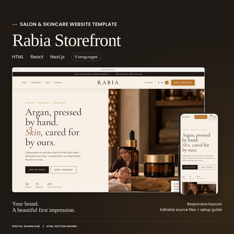 Rabia Storefront website template with a large actual homepage preview and mobile layout. HTML, React and Next.js code editions and five languages included. HTML edition shown.