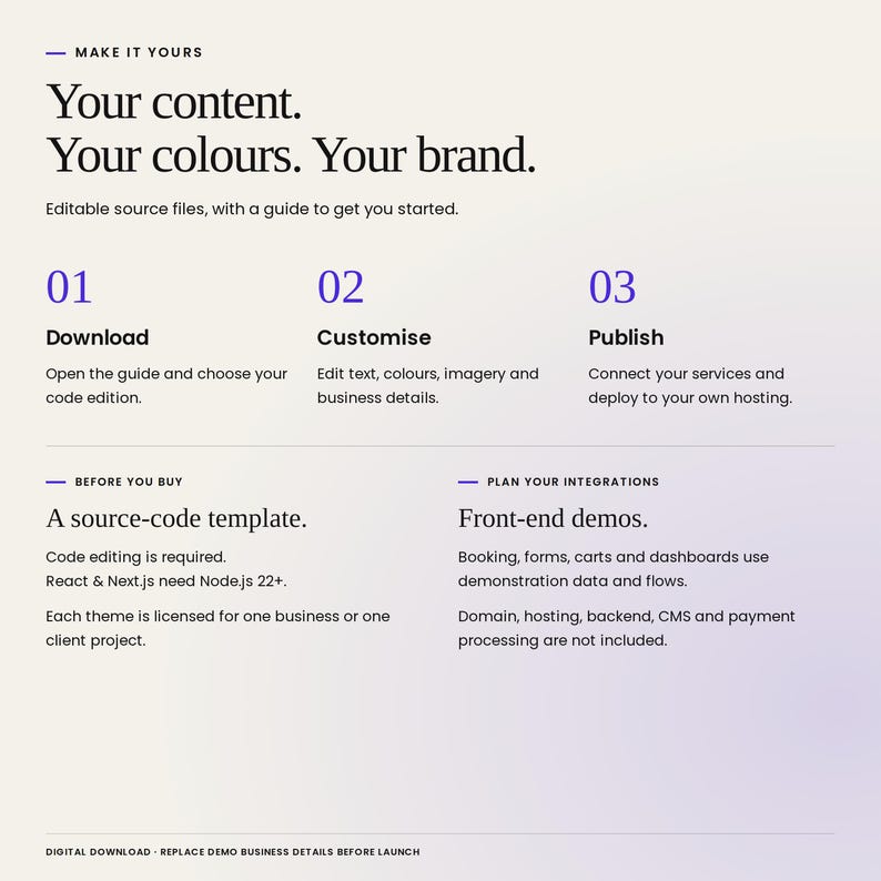 Numero Sept: download, customise text, colours and imagery, then deploy to your own hosting. Code editing required; React and Next.js need Node.js 22+. Booking, forms, carts and dashboards are front-end demos. Hosting, backend, CMS and payment processing are not included.