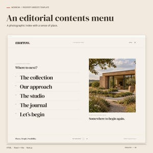MORROW HTML navigation view: an editorial contents menu. A photographic index with a sense of place.