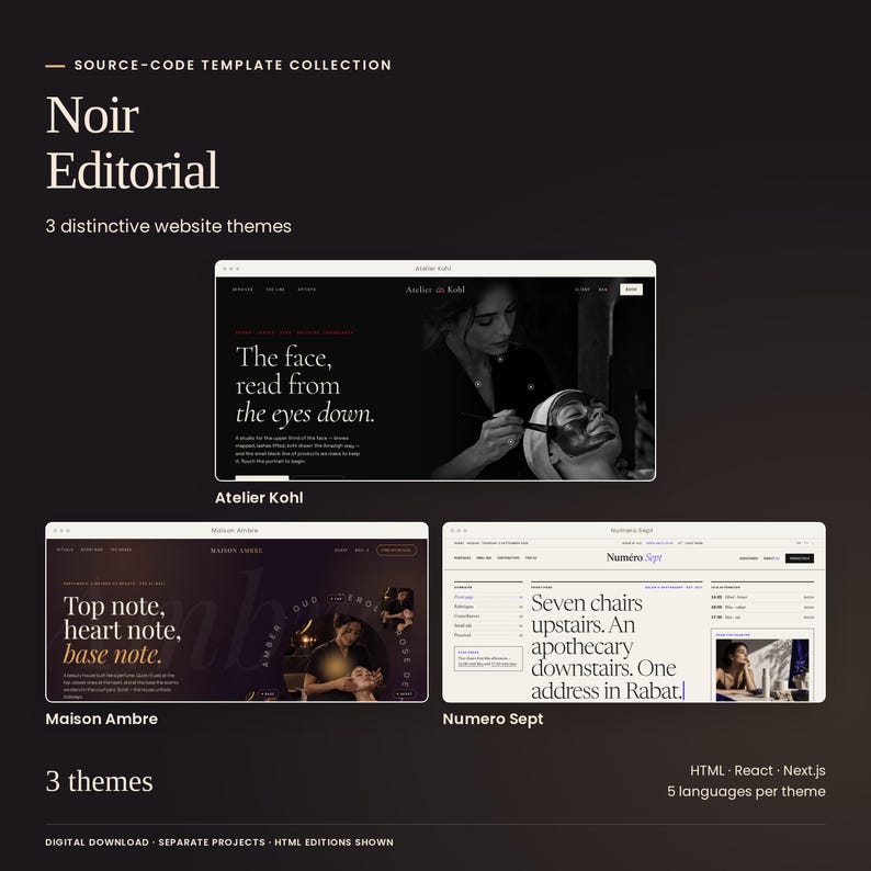 Noir Editorial Collection: all 3 included themes shown as actual HTML previews: Atelier Kohl, Maison Ambre, Numero Sept. Three code editions and five languages per theme. Separate source-code projects.