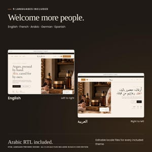 Rabia Storefront: English and Arabic HTML previews, with right-to-left Arabic layout. French, German and Spanish locale files are also included.