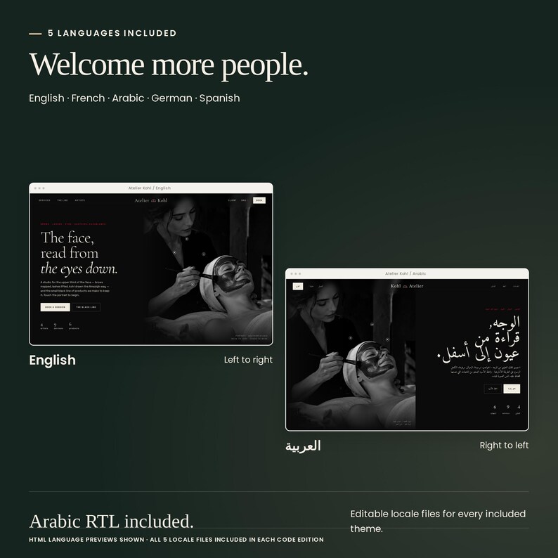 Atelier Kohl shown in English and Arabic with right-to-left layout. Each theme in Complete Skincare Theme Collection includes English, French, Arabic, German and Spanish locale files.