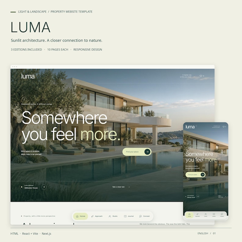 LUMA property website template in its light & landscape style, with actual desktop and mobile HTML homepage views.