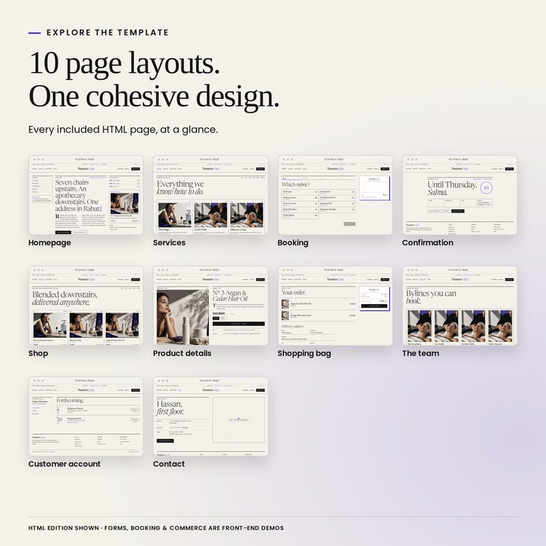 Numero Sept: an overview of included HTML page layouts. Screens include the homepage, service menu, shop, customer account and contact page. Front-end demonstration screens.
