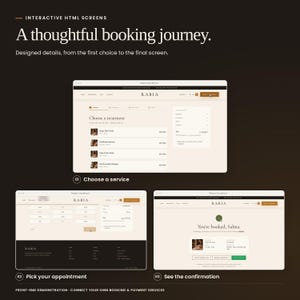 Rabia Storefront: real booking interface states, from choosing a service to the confirmation screen. Front-end demonstrations; no booking backend or payment processing included.