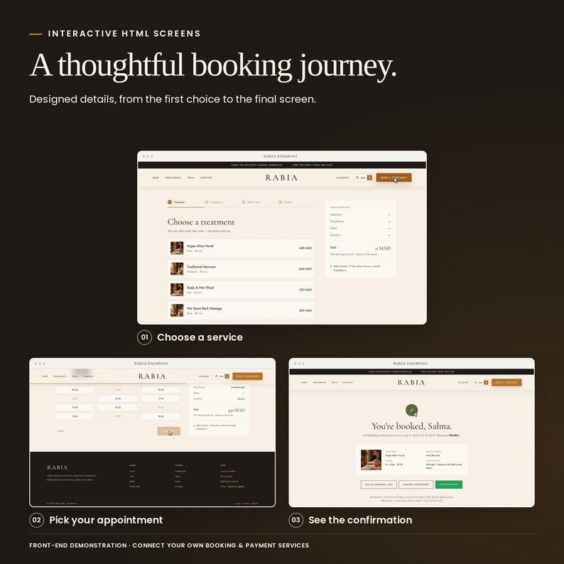 Rabia Storefront: real booking interface states, from choosing a service to the confirmation screen. Front-end demonstrations; no booking backend or payment processing included.