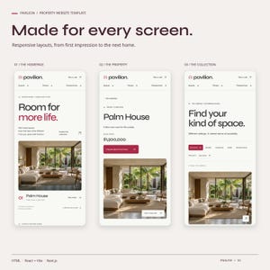Three mobile views of the PAVILION HTML theme: homepage, a property page and the property collection.