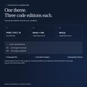 Sel Tangier digital download: 1 theme, each with HTML/CSS/JavaScript, React with Vite and TypeScript, and Next.js with TypeScript. Includes source files, five languages, local demo imagery, setup guide and license. Framework editions are separate implementations.
