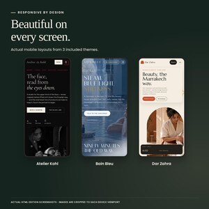 Complete Skincare Theme Collection: actual mobile HTML layouts from Atelier Kohl, Bain Bleu, Dar Zahra.