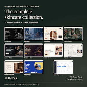 Complete Skincare Theme Collection: all 11 included themes shown as actual HTML previews: Atelier Kohl, Bain Bleu, Dar Zahra, Jardin d'Hiver, Lumen Clinic, Maison Ambre, Maison Noor, Numero Sept, Rabia Storefront, Sel Tangier, Rabia Console. Three code editions and five languages per theme. Separate source-code projects.