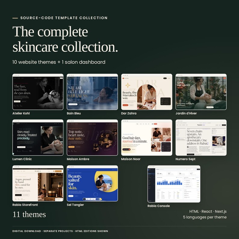 Complete Skincare Theme Collection: all 11 included themes shown as actual HTML previews: Atelier Kohl, Bain Bleu, Dar Zahra, Jardin d'Hiver, Lumen Clinic, Maison Ambre, Maison Noor, Numero Sept, Rabia Storefront, Sel Tangier, Rabia Console. Three code editions and five languages per theme. Separate source-code projects.